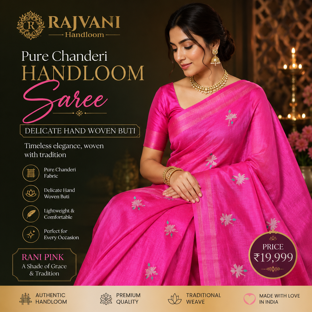 Pure Chanderi Handloom Saree – Delicate Hand-Woven Buti | Rani Pink
