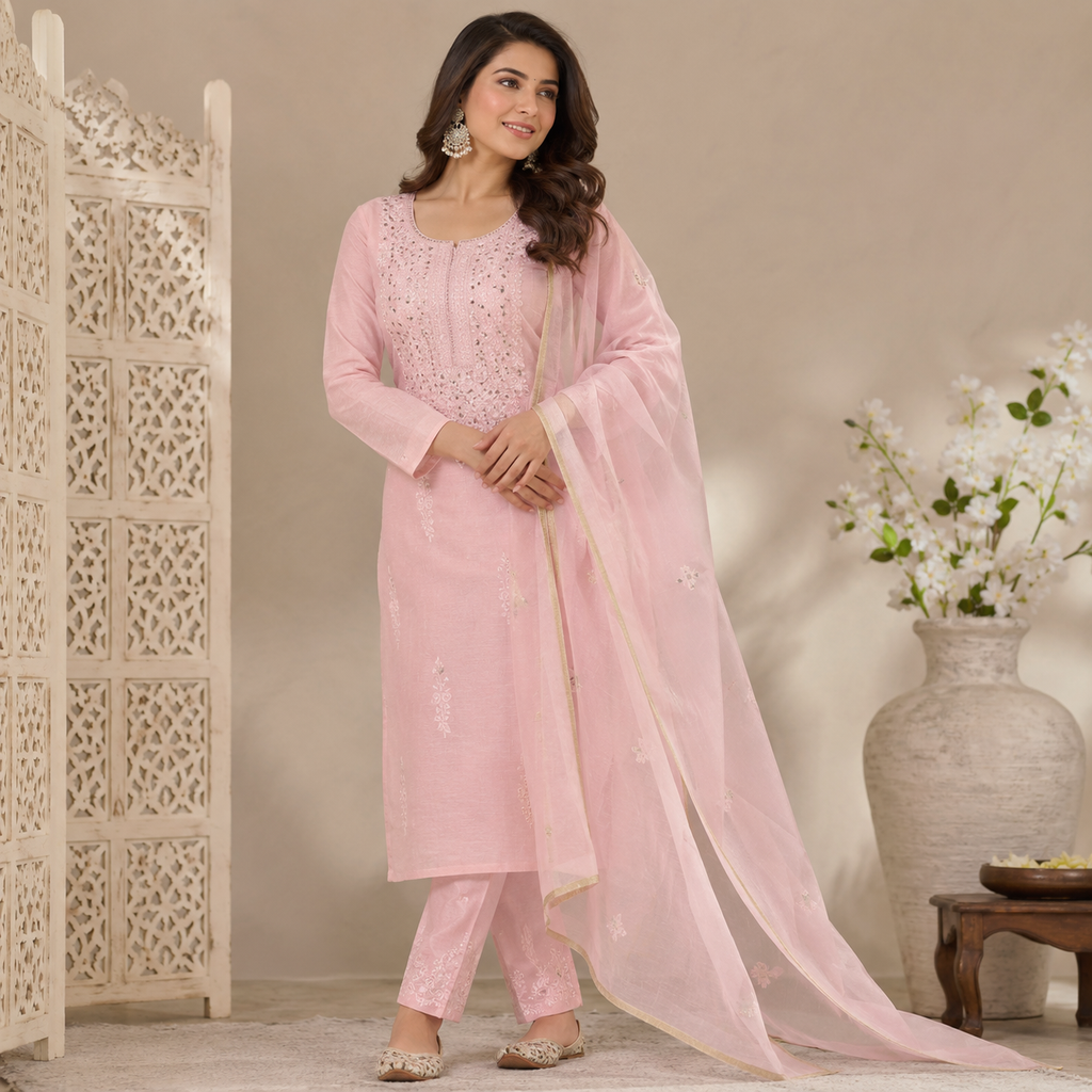 Lucknowi Chikankari Handwork Unstitched Cotton Suit Set with Dupatta – Baby Pink