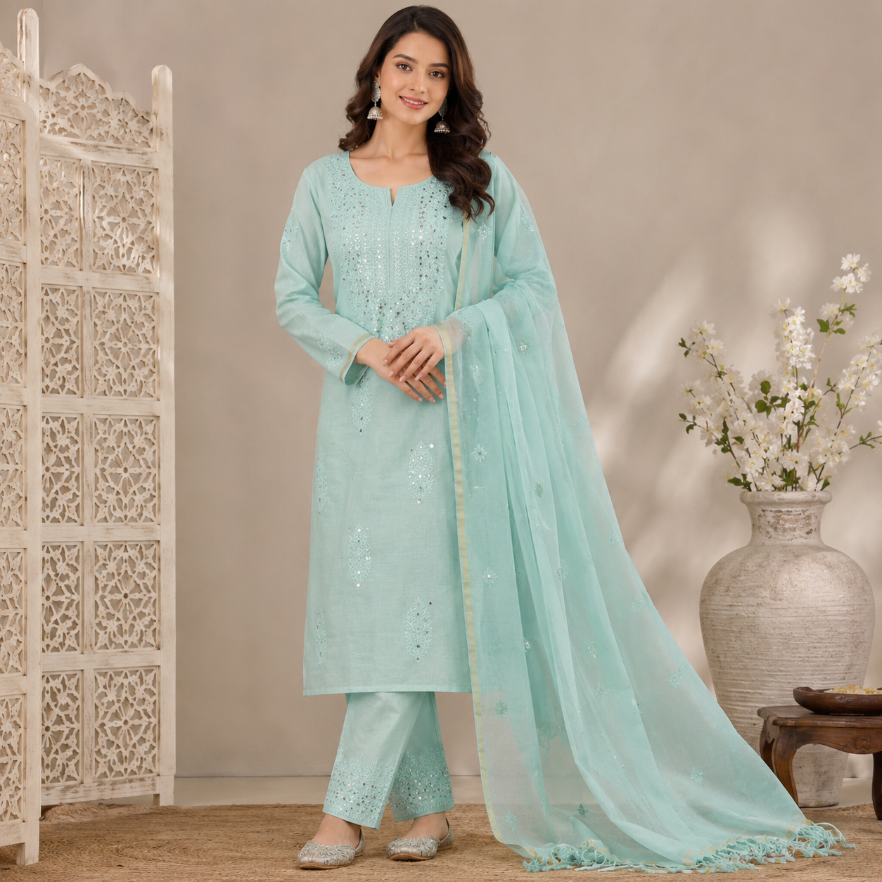 Lucknowi Chikankari Handwork Unstitched Cotton Suit Set with Dupatta – Sea Green