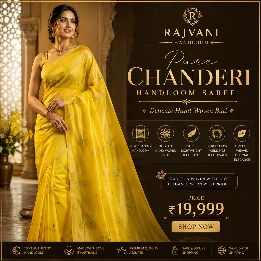 Pure Chanderi Handloom Saree with Delicate Hand-Woven Buti – Yellow