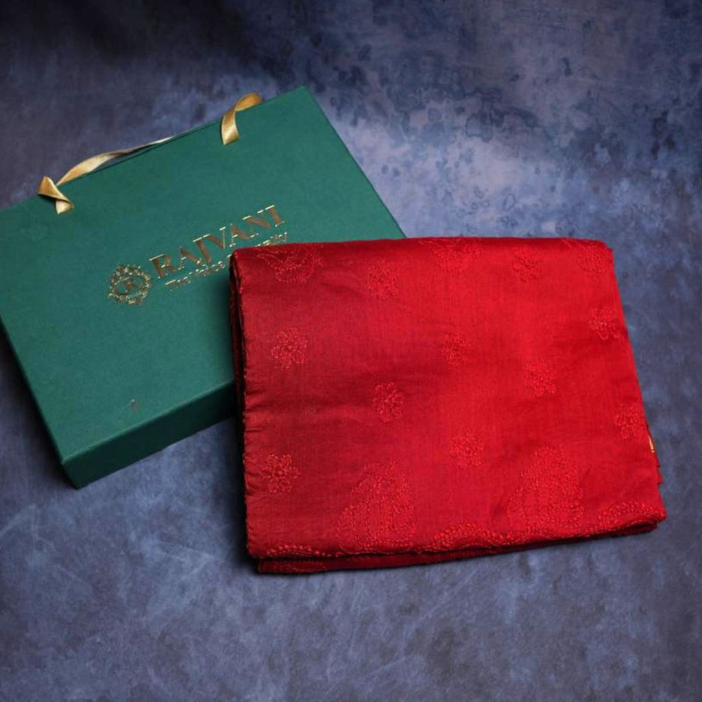 Rajvani Soft Pure Chanderi Silk Saree with Lucknowi Chikan Work & Running Blouse – Ruby Red