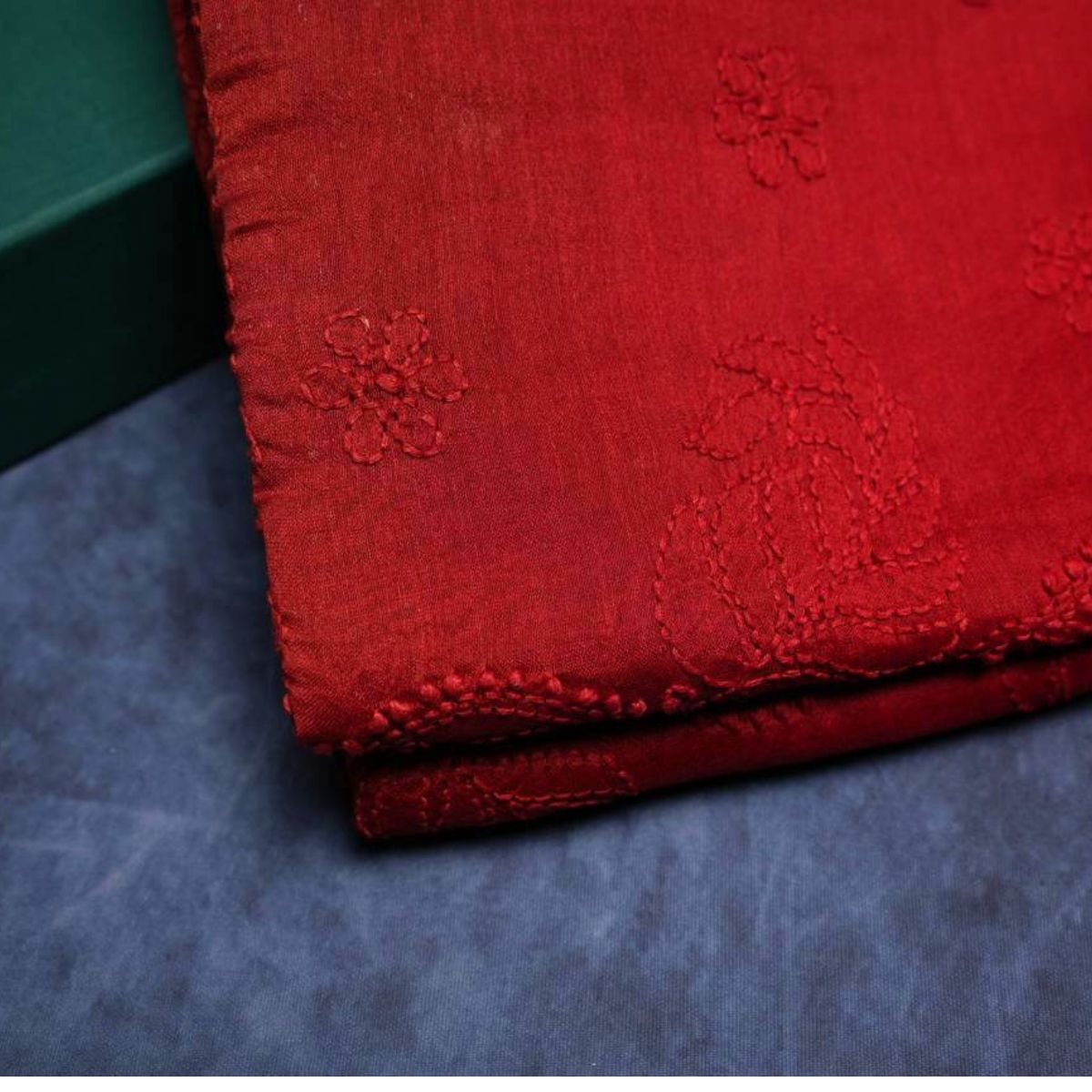 Rajvani Soft Pure Chanderi Silk Saree with Lucknowi Chikan Work & Running Blouse – Ruby Red