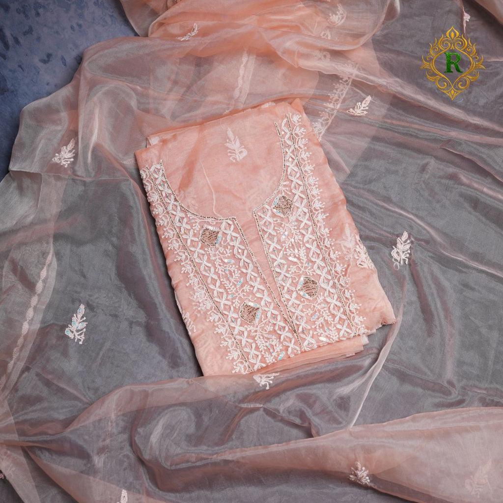Premium Organza Lucknowi Chikankari Handwork Unstitched Suit Set with Designer Dupatta – Blush Peach