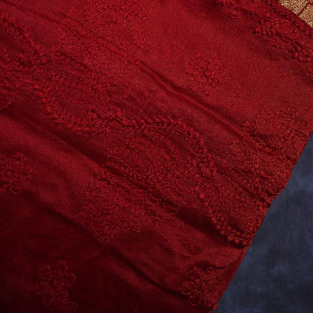 Rajvani Soft Pure Chanderi Silk Saree with Lucknowi Chikan Work & Running Blouse – Ruby Red