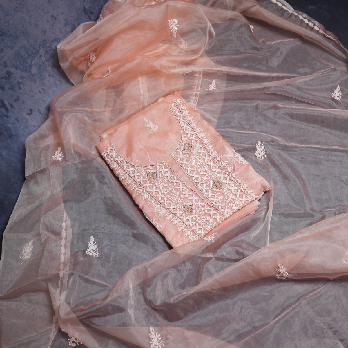 Premium Organza Lucknowi Chikankari Handwork Unstitched Suit Set with Designer Dupatta – Blush Peach
