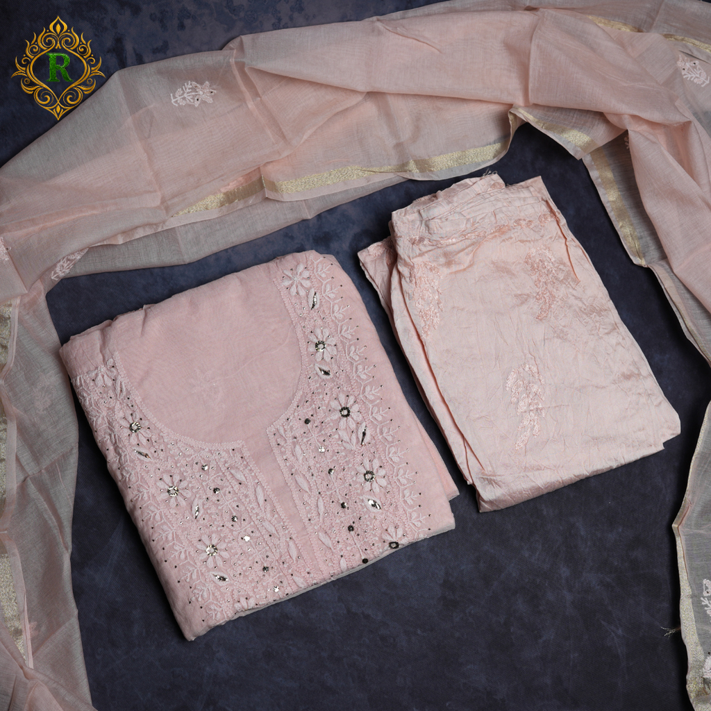Lucknowi Chikankari Handwork Unstitched Cotton Suit Set with Dupatta – Baby Pink