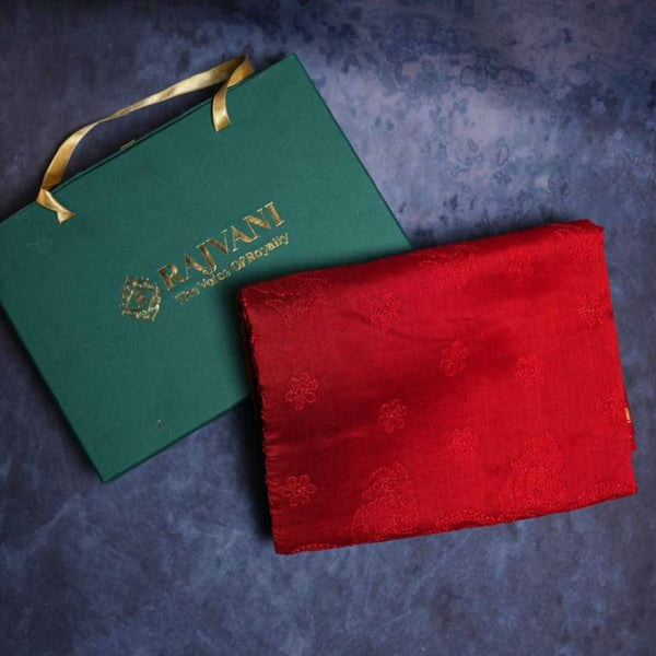 Rajvani Soft Pure Chanderi Silk Saree with Lucknowi Chikan Work & Running Blouse – Ruby Red