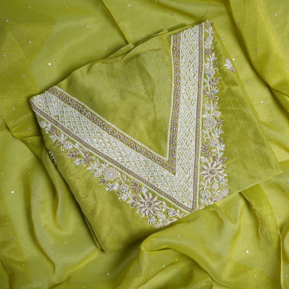 Rajvani Premium Tissue Embroidered 3-Piece Unstitched Suit Set with Tissue Dupatta – Lime Green