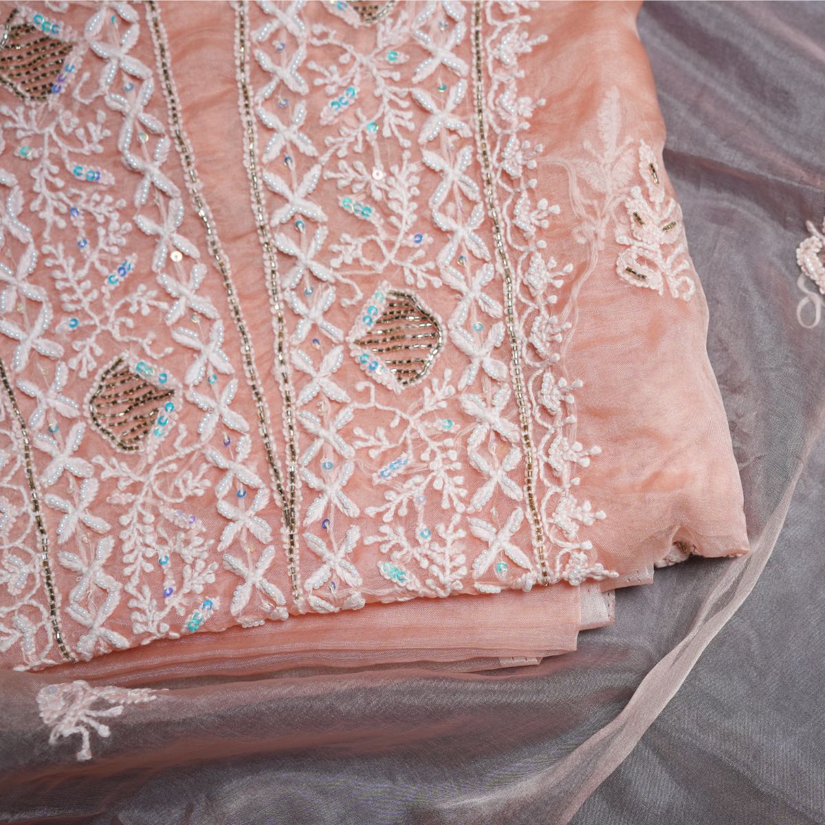 Premium Organza Lucknowi Chikankari Handwork Unstitched Suit Set with Designer Dupatta – Blush Peach