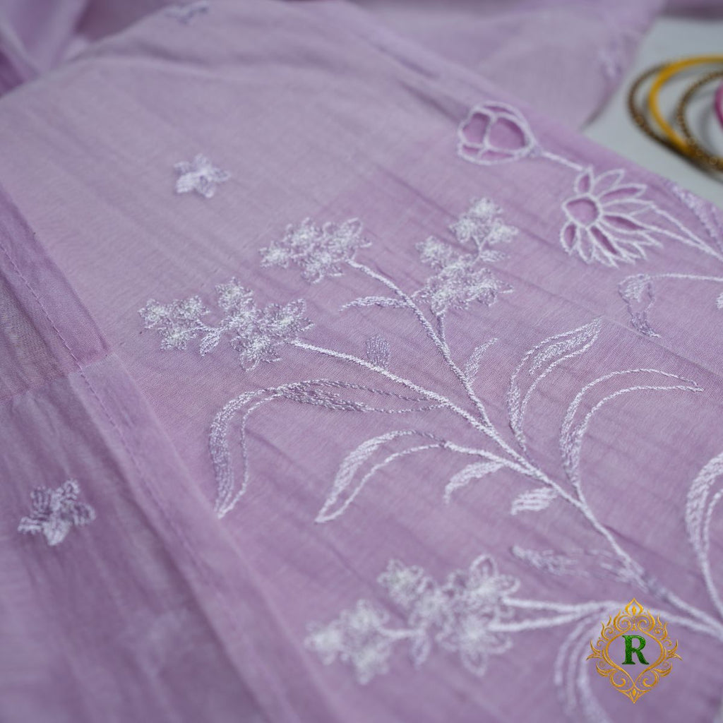 Rajvani Premium Mul Cotton 3-Piece Embroidered Suit Set with Flamingo Thread Work – Lavender