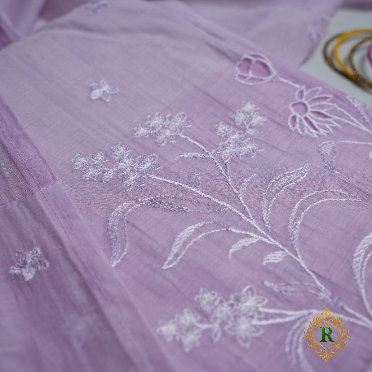 Rajvani Premium Mul Cotton 3-Piece Embroidered Suit Set with Flamingo Thread Work – Lavender