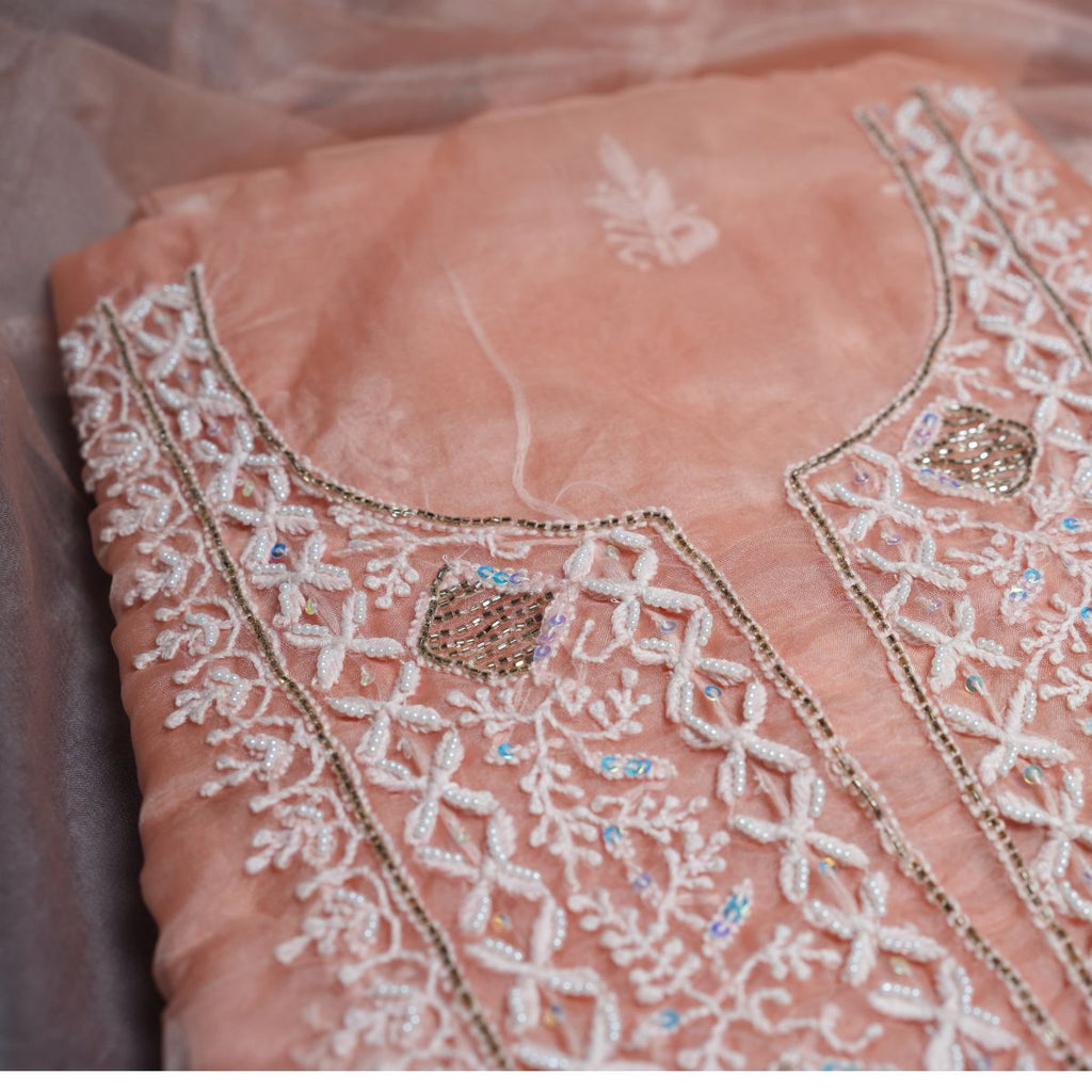 Premium Organza Lucknowi Chikankari Handwork Unstitched Suit Set with Designer Dupatta – Blush Peach