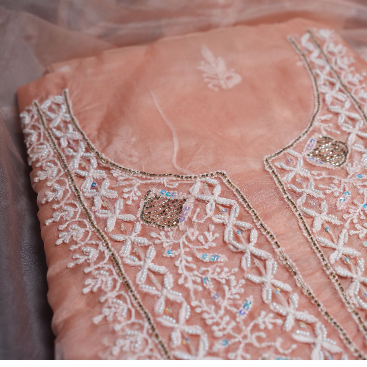 Premium Organza Lucknowi Chikankari Handwork Unstitched Suit Set with Designer Dupatta – Blush Peach