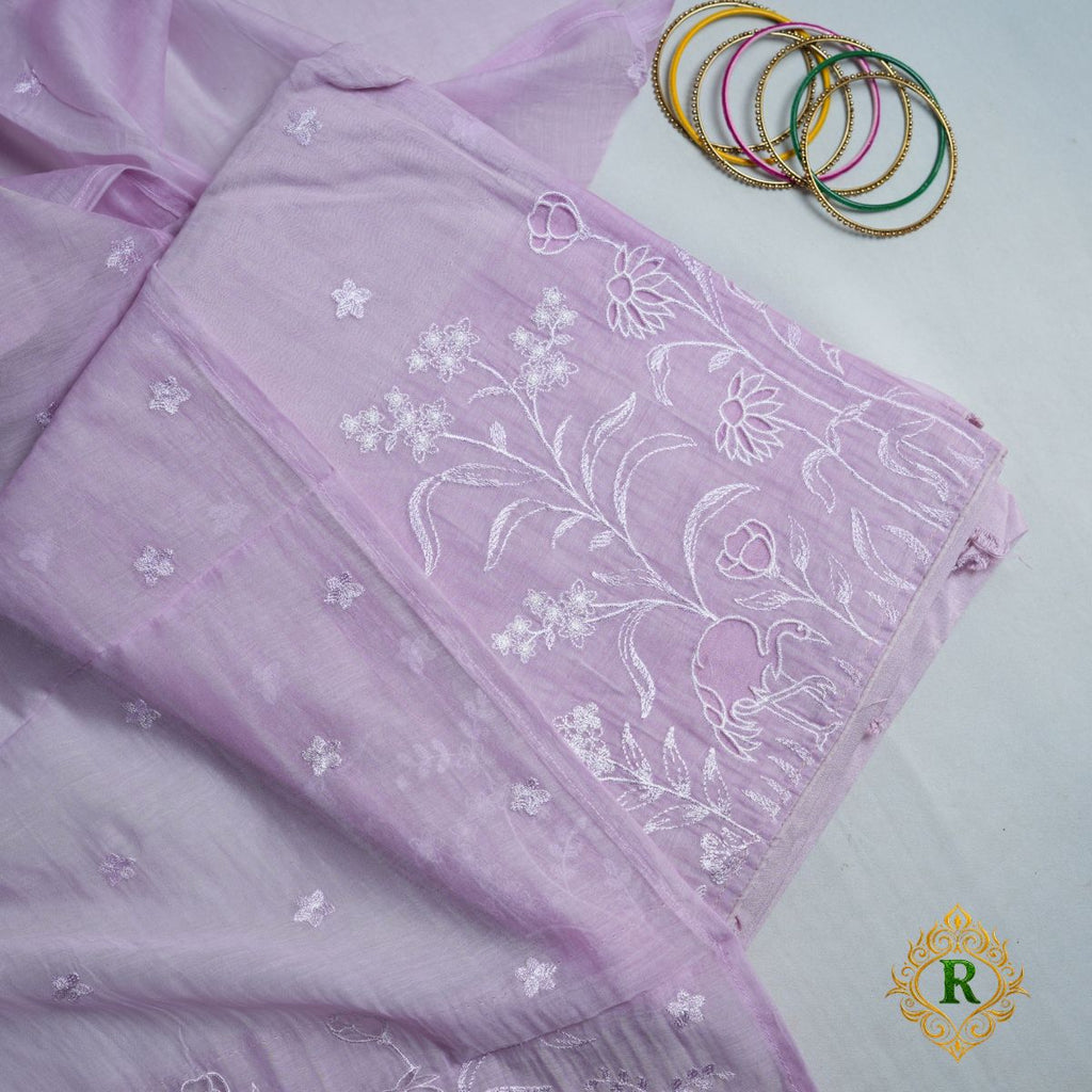 Rajvani Premium Mul Cotton 3-Piece Embroidered Suit Set with Flamingo Thread Work – Lavender
