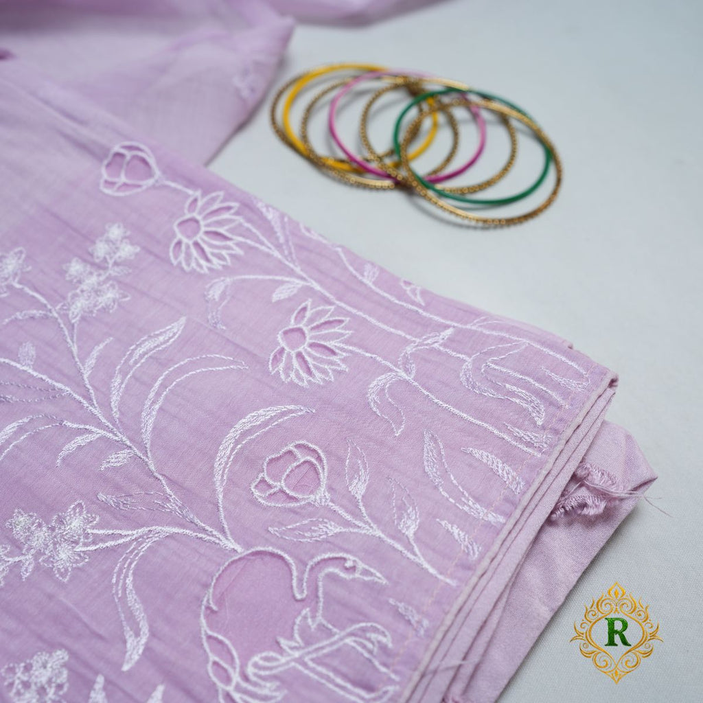 Rajvani Premium Mul Cotton 3-Piece Embroidered Suit Set with Flamingo Thread Work – Lavender