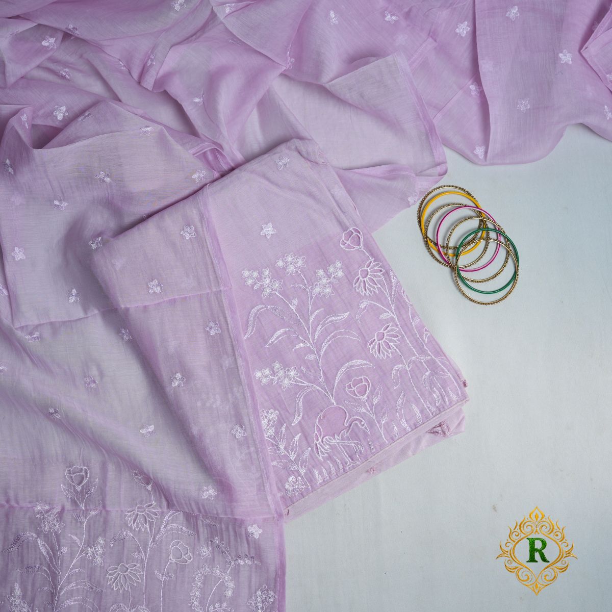 Rajvani Premium Mul Cotton 3-Piece Embroidered Suit Set with Flamingo Thread Work – Lavender
