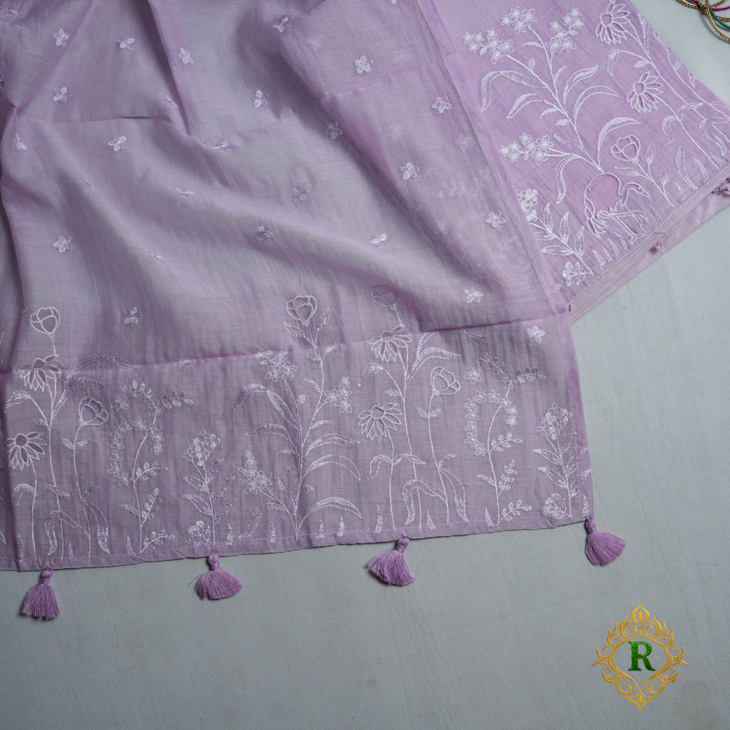 Rajvani Premium Mul Cotton 3-Piece Embroidered Suit Set with Flamingo Thread Work – Lavender