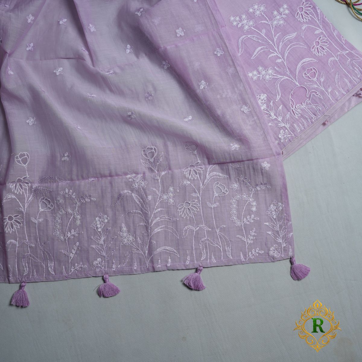 Rajvani Premium Mul Cotton 3-Piece Embroidered Suit Set with Flamingo Thread Work – Lavender