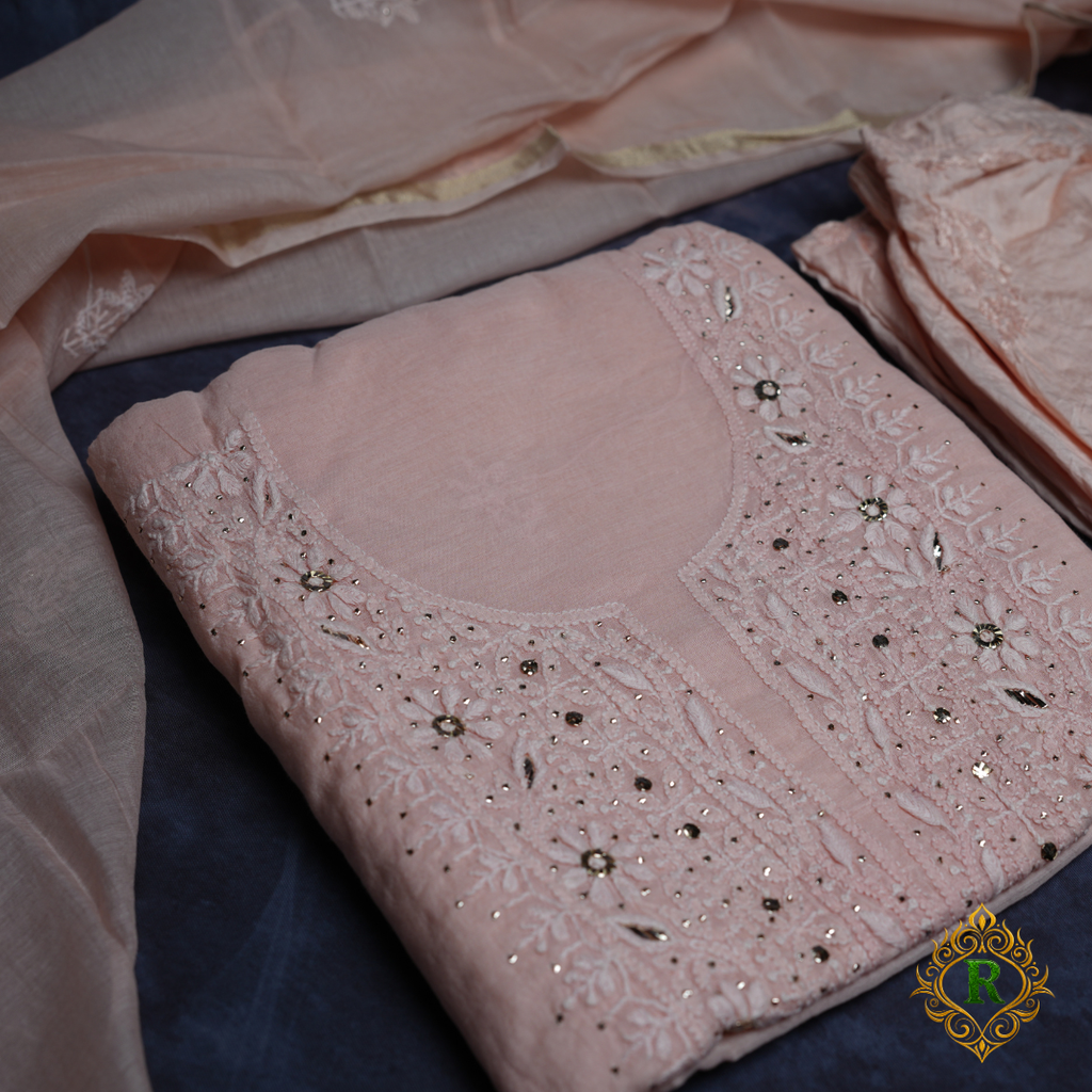 Lucknowi Chikankari Handwork Unstitched Cotton Suit Set with Dupatta – Baby Pink