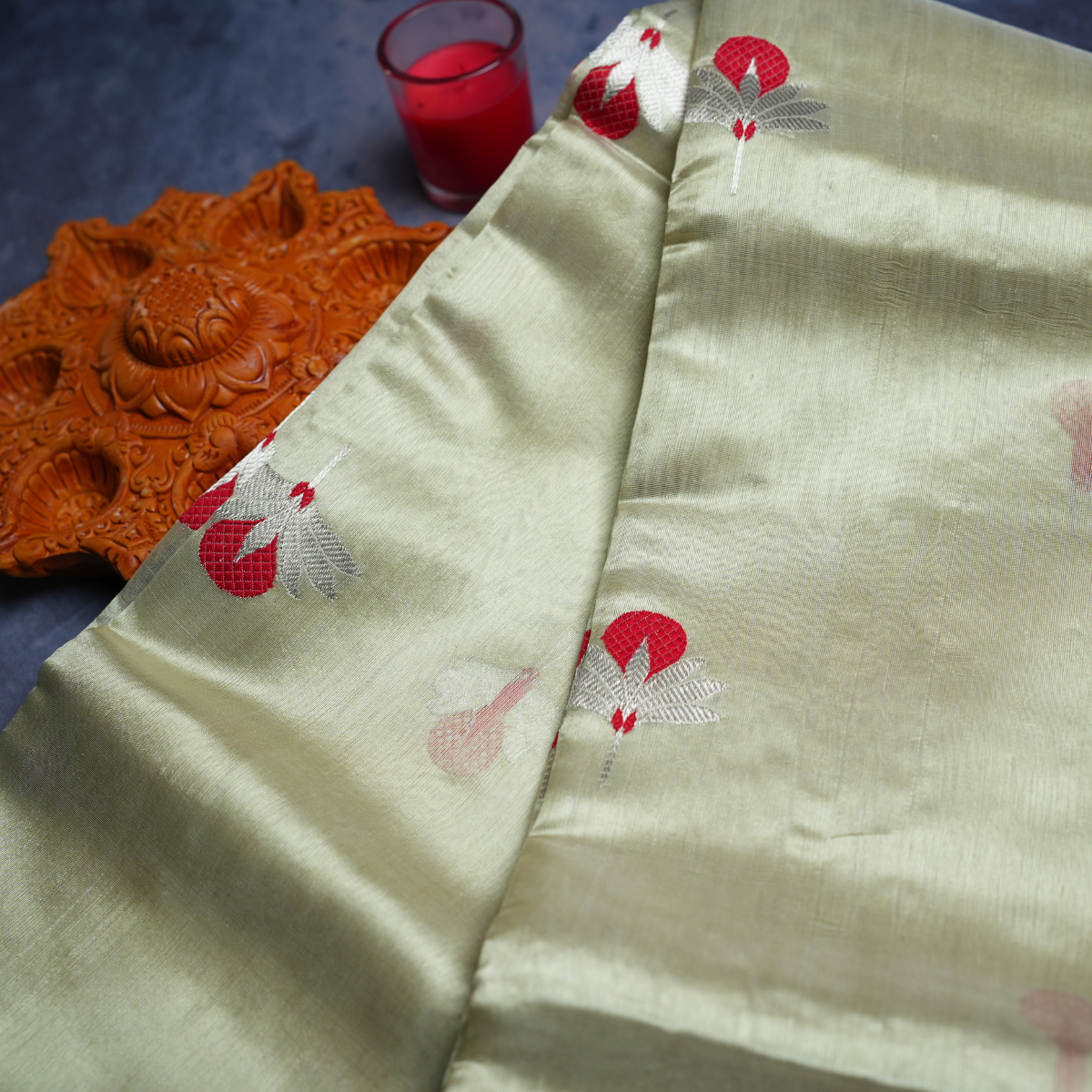 Rajvani Pure Chanderi Handloom Saree with Running Blouse | Sage Green | Handwoven Floral Buti