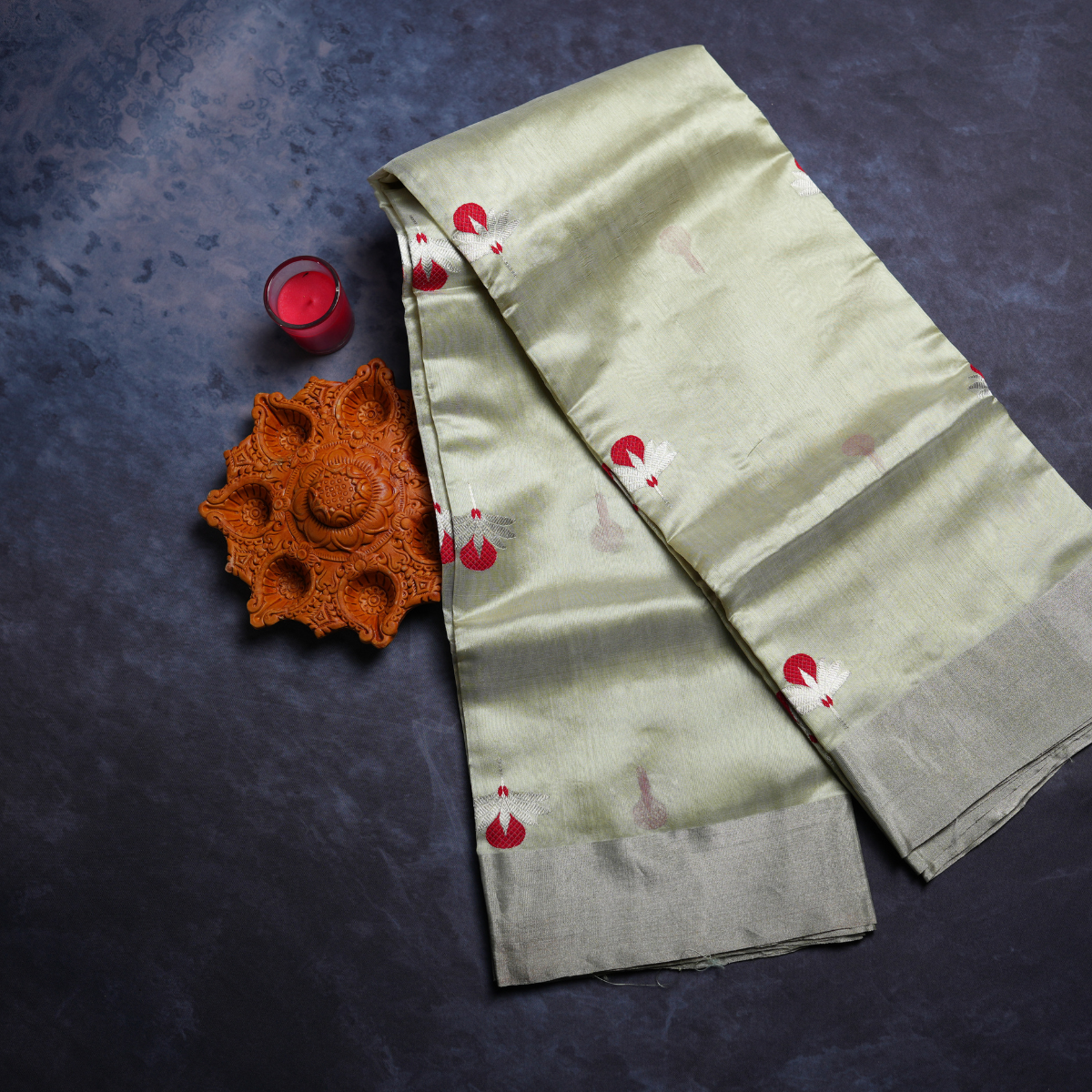 Rajvani Pure Chanderi Handloom Saree with Running Blouse | Sage Green | Handwoven Floral Buti