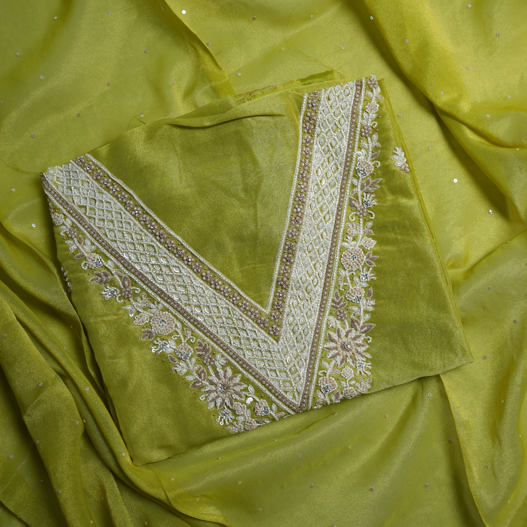 Rajvani Premium Tissue Embroidered 3-Piece Unstitched Suit Set with Tissue Dupatta – Lime Green