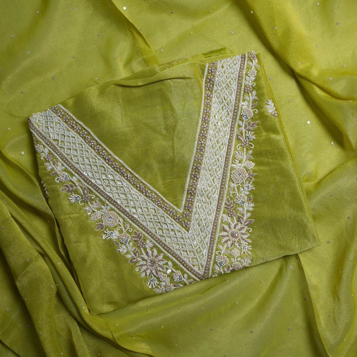 Rajvani Premium Tissue Embroidered 3-Piece Unstitched Suit Set with Tissue Dupatta – Lime Green