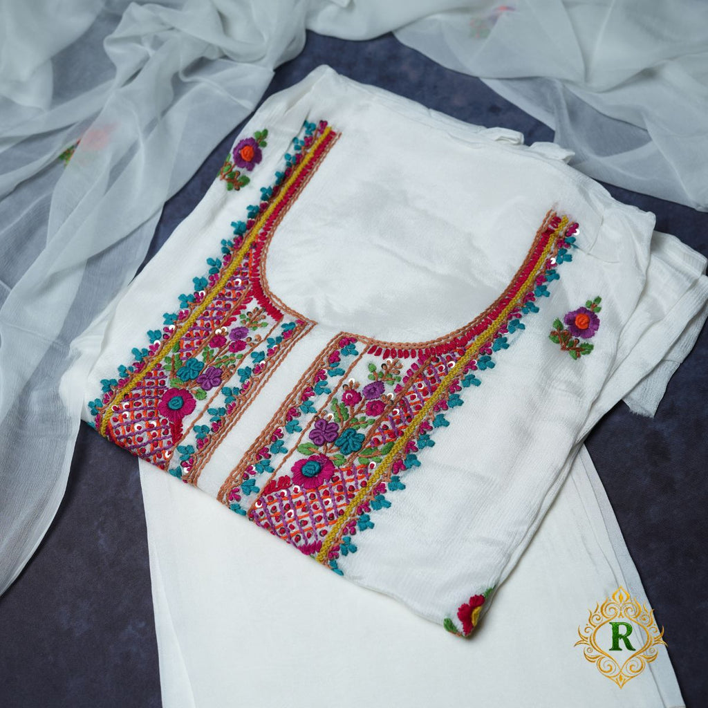Rajvani Premium Chinon Embroidered 3-Piece Unstitched Suit Set with Chinon Dupatta – Ivory White