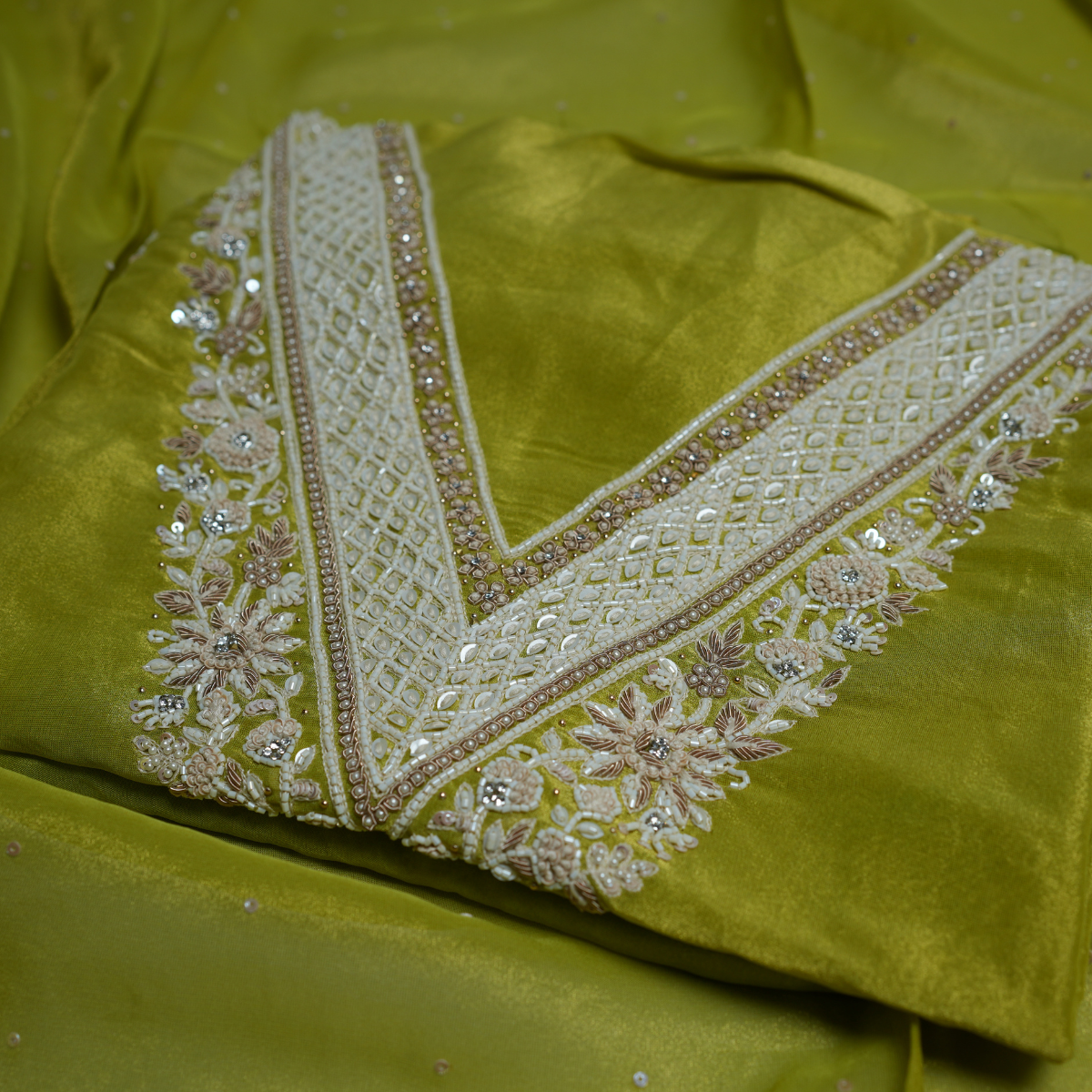 Rajvani Premium Tissue Embroidered 3-Piece Unstitched Suit Set with Tissue Dupatta – Lime Green