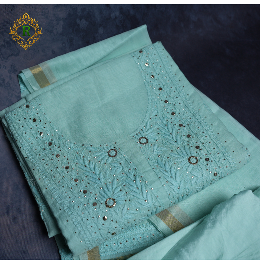 Lucknowi Chikankari Handwork Unstitched Cotton Suit Set with Dupatta – Sea Green