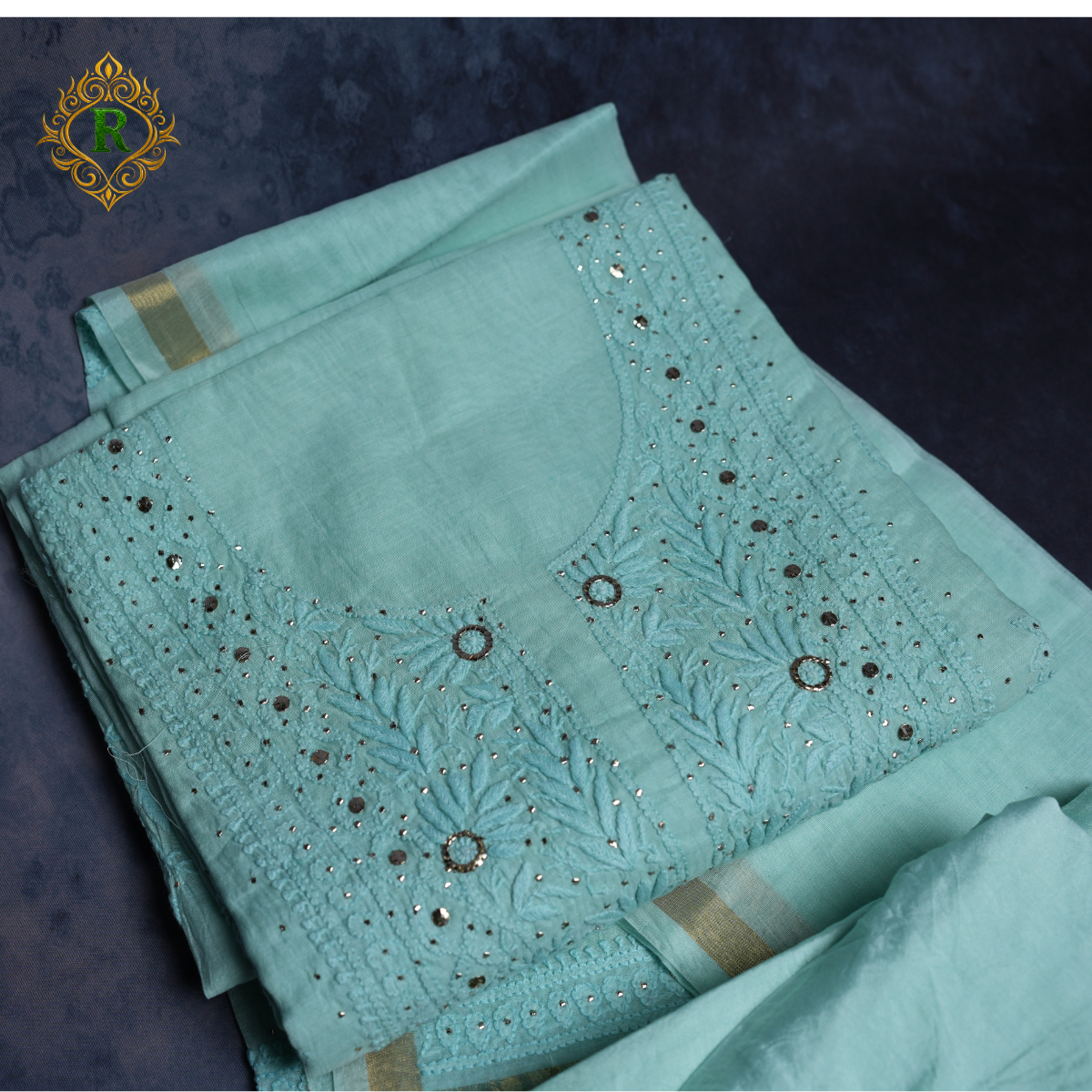 Lucknowi Chikankari Handwork Unstitched Cotton Suit Set with Dupatta – Sea Green