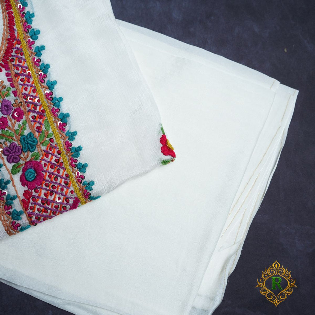 Rajvani Premium Chinon Embroidered 3-Piece Unstitched Suit Set with Chinon Dupatta – Ivory White