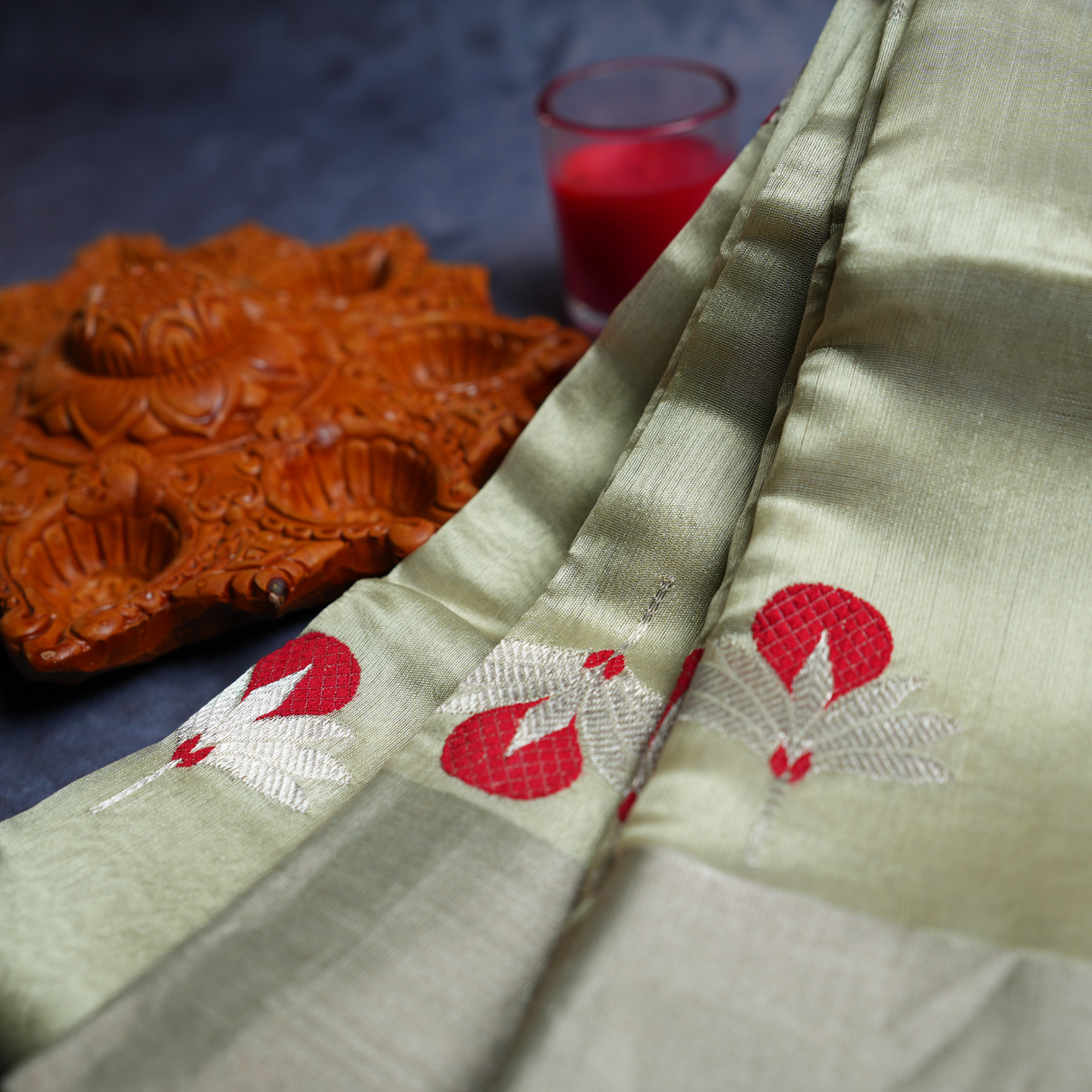 Rajvani Pure Chanderi Handloom Saree with Running Blouse | Sage Green | Handwoven Floral Buti