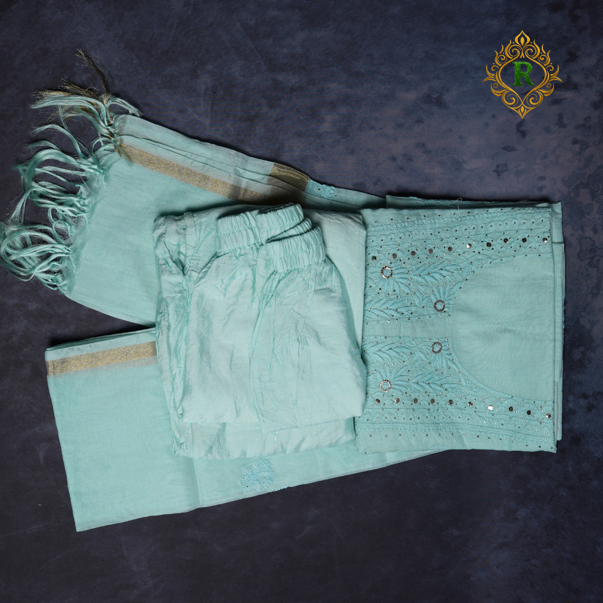 Lucknowi Chikankari Handwork Unstitched Cotton Suit Set with Dupatta – Sea Green