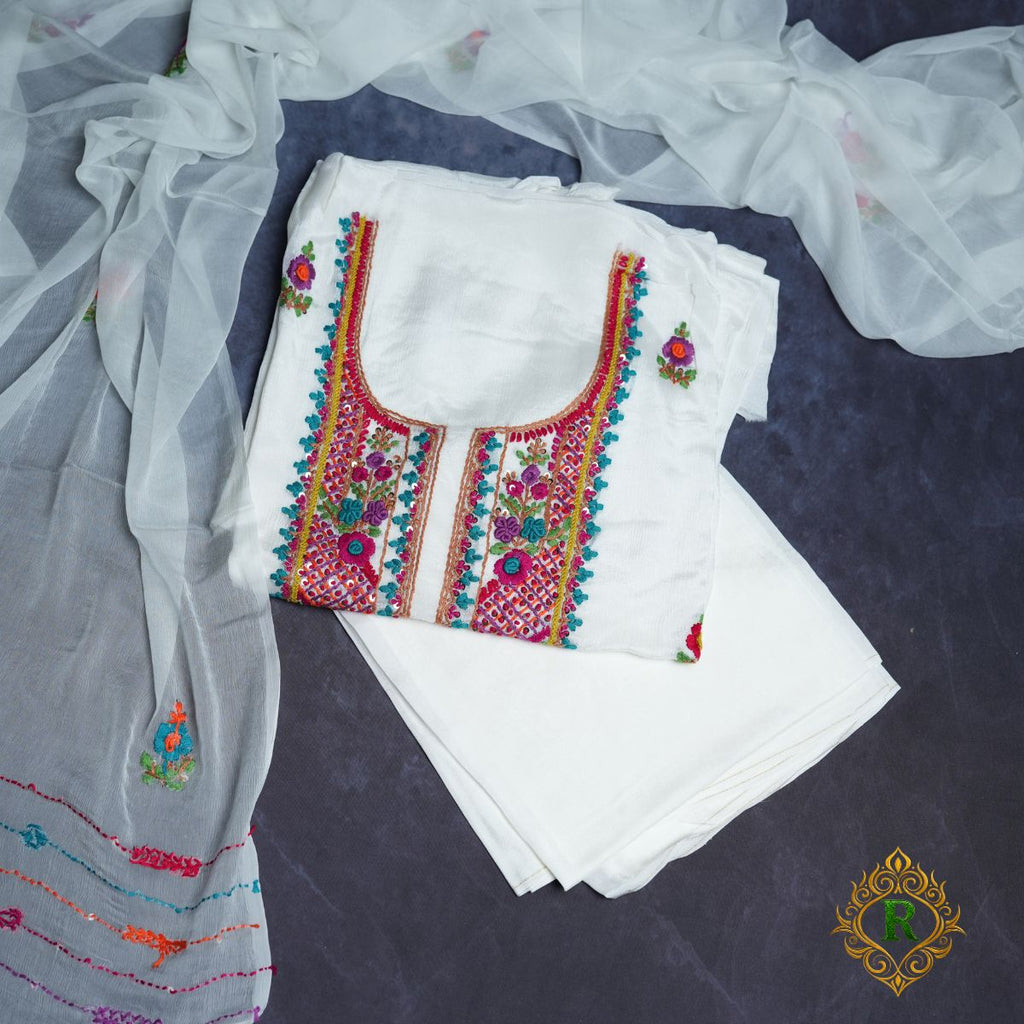 Rajvani Premium Chinon Embroidered 3-Piece Unstitched Suit Set with Chinon Dupatta – Ivory White