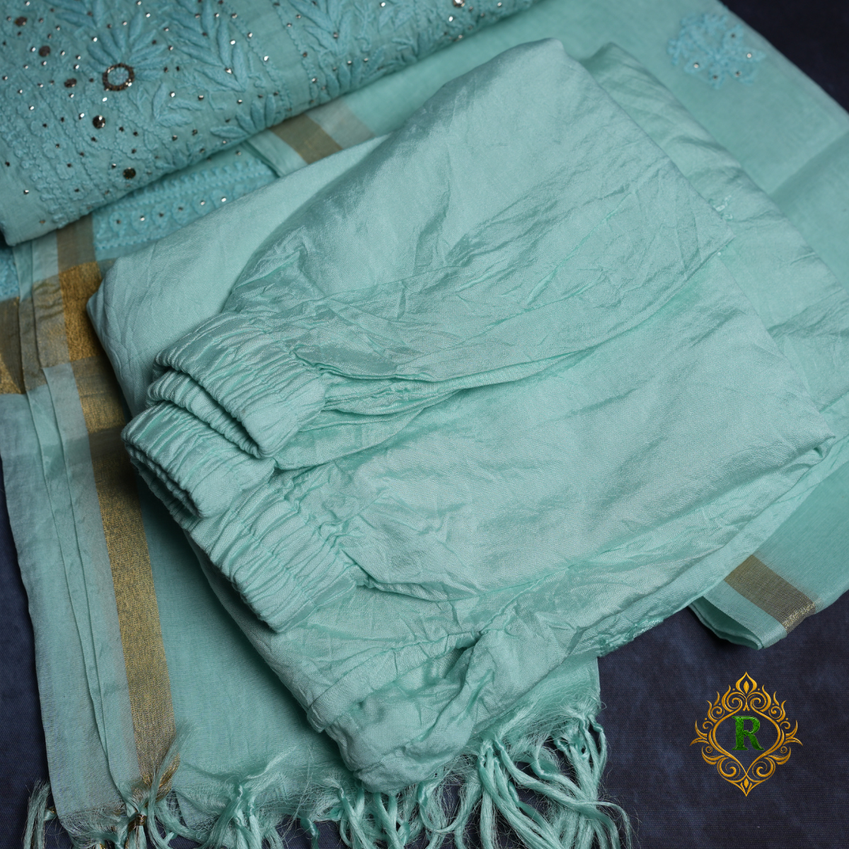 Lucknowi Chikankari Handwork Unstitched Cotton Suit Set with Dupatta – Sea Green