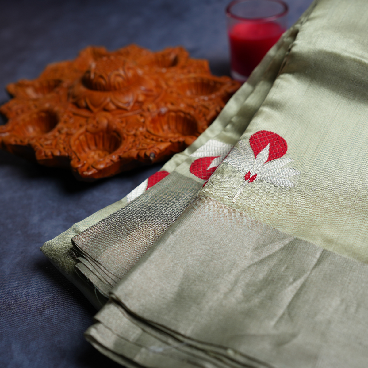 Rajvani Pure Chanderi Handloom Saree with Running Blouse | Sage Green | Handwoven Floral Buti