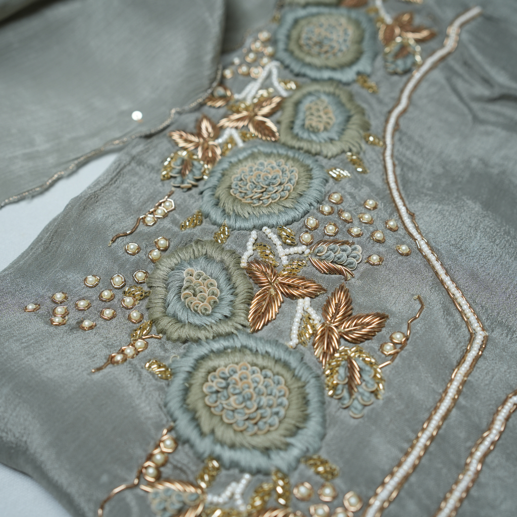 Rajvani Premium Chinon Embroidered 3-Piece Unstitched Suit Set with Chinon Dupatta – Smoke Grey