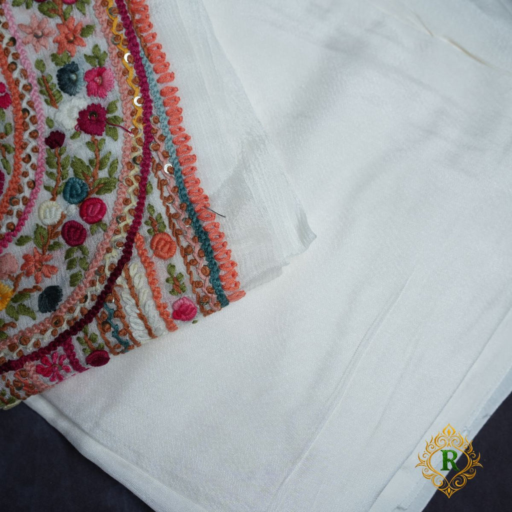 Rajvani Premium Chinon Embroidered 3-Piece Unstitched Suit Set with Chinon Dupatta – Ivory White