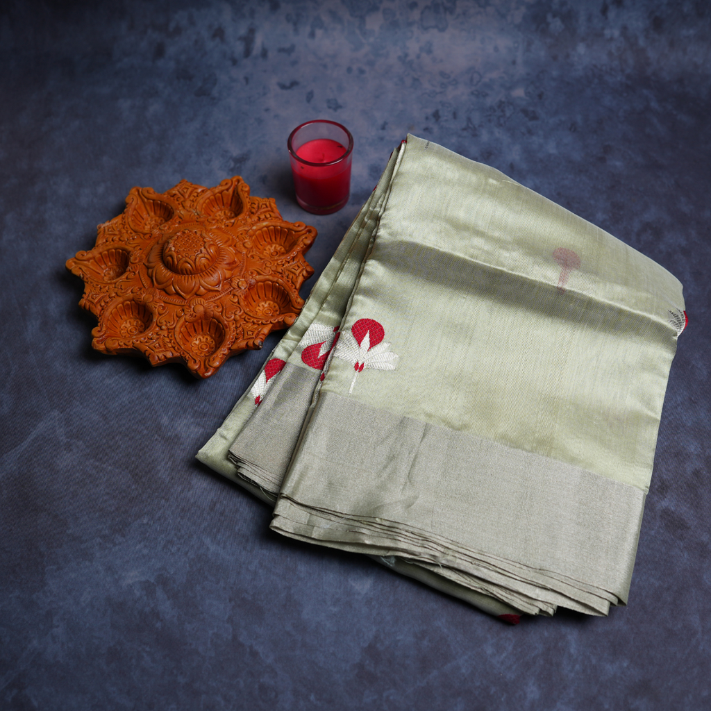 Rajvani Pure Chanderi Handloom Saree with Running Blouse | Sage Green | Handwoven Floral Buti