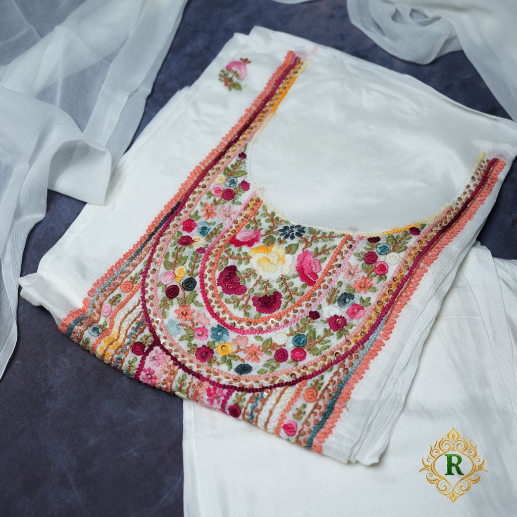 Rajvani Premium Chinon Embroidered 3-Piece Unstitched Suit Set with Chinon Dupatta – Ivory White