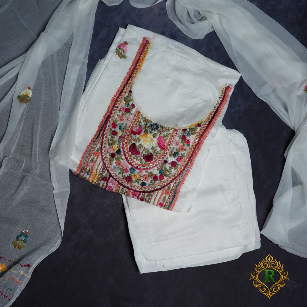 Rajvani Premium Chinon Embroidered 3-Piece Unstitched Suit Set with Chinon Dupatta – Ivory White