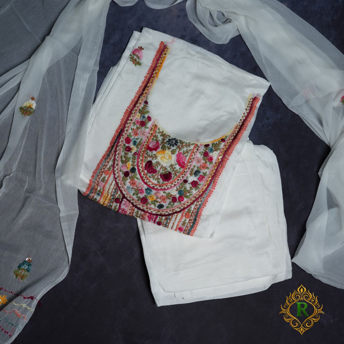 Rajvani Premium Chinon Embroidered 3-Piece Unstitched Suit Set with Chinon Dupatta – Ivory White