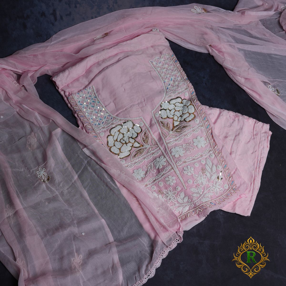 Rajvani Premium Lucknowi Chikankari Handwork 3-Piece Unstitched Suit Set with Dupatta – Blush Pink