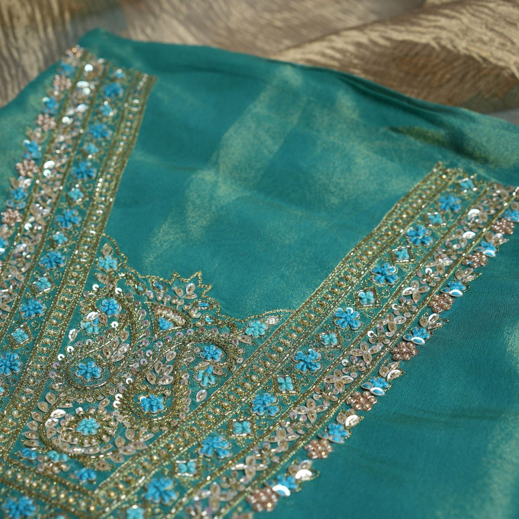 Rajvani Premium Tissue Embroidered 3-Piece Unstitched Suit Set with Tissue Dupatta – Teal Blue