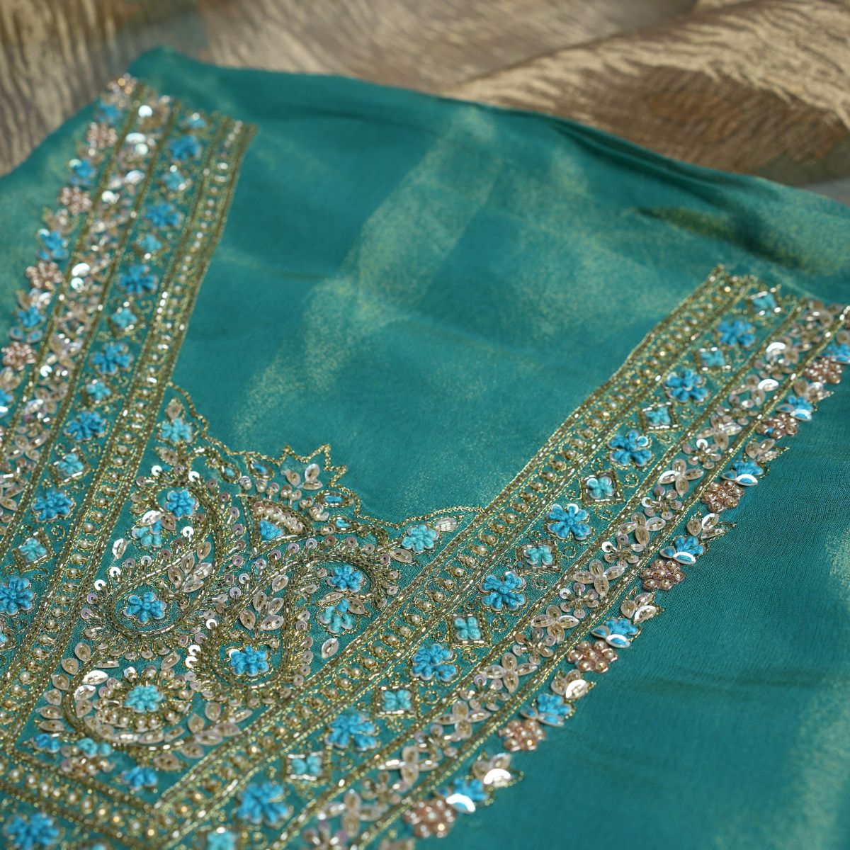 Rajvani Premium Tissue Embroidered 3-Piece Unstitched Suit Set with Tissue Dupatta – Teal Blue