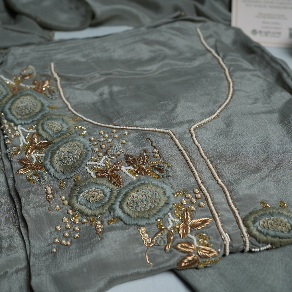 Rajvani Premium Chinon Embroidered 3-Piece Unstitched Suit Set with Chinon Dupatta – Smoke Grey