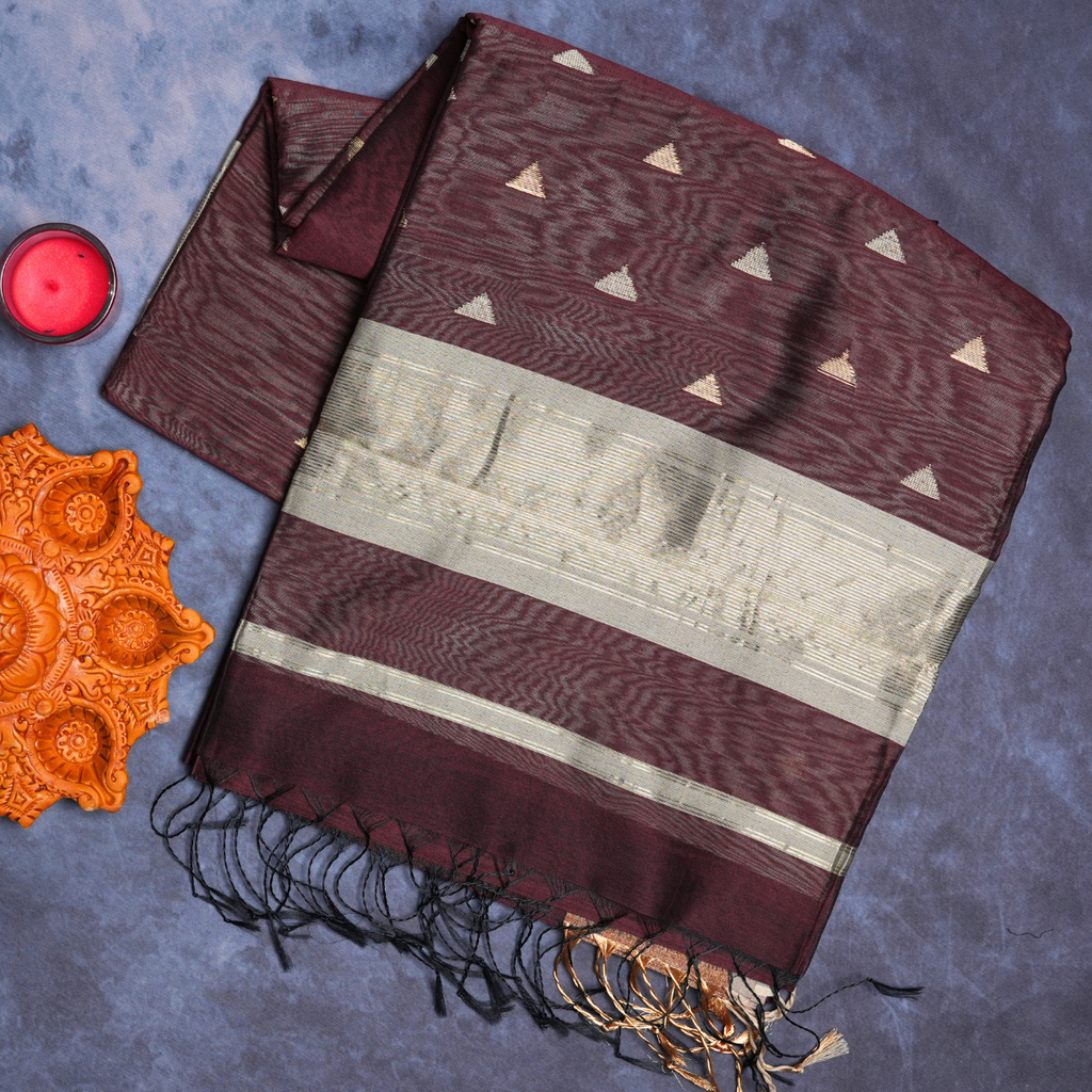 Rajvani Pure Maheshwari Handloom Saree with Running Blouse | Wine Maroon | Handwoven Zari Border