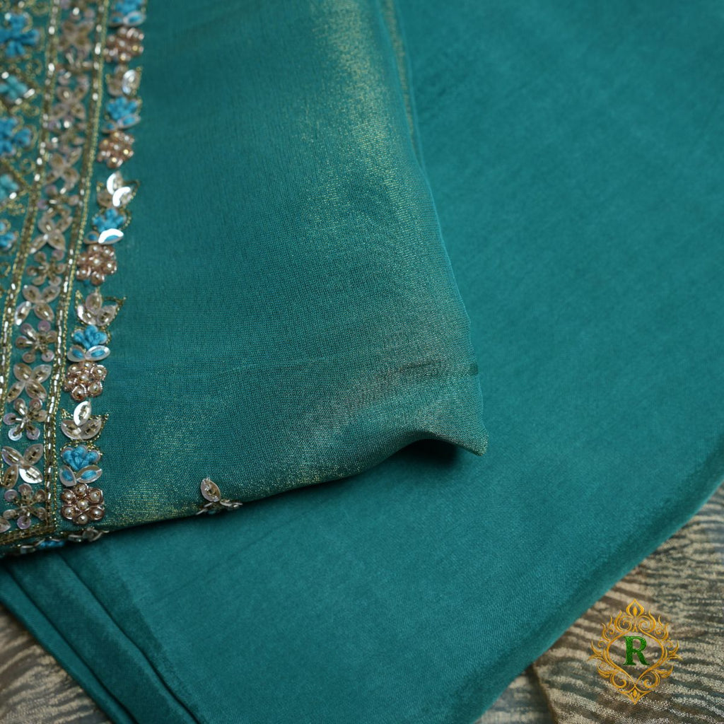 Rajvani Premium Tissue Embroidered 3-Piece Unstitched Suit Set with Tissue Dupatta – Teal Blue