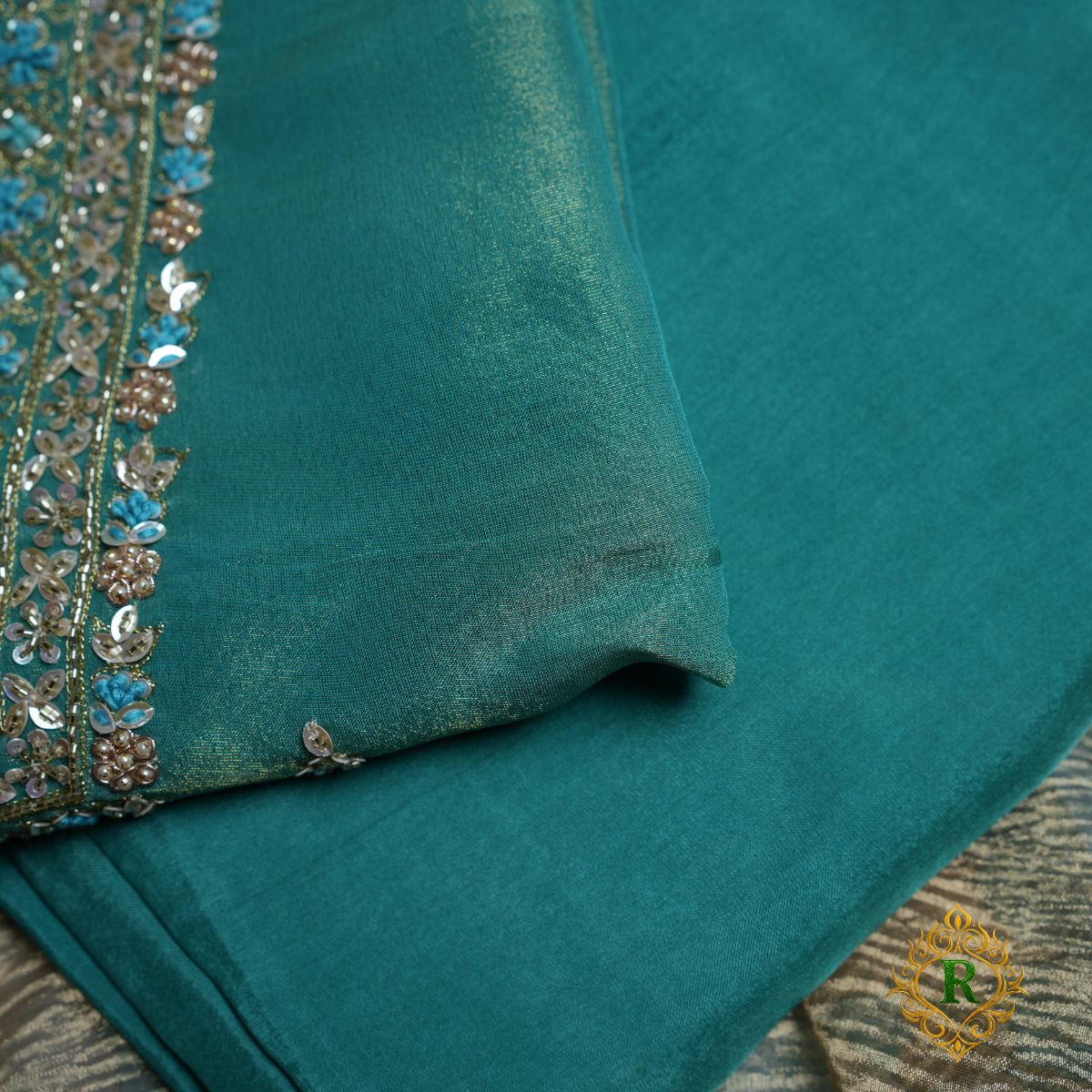 Rajvani Premium Tissue Embroidered 3-Piece Unstitched Suit Set with Tissue Dupatta – Teal Blue
